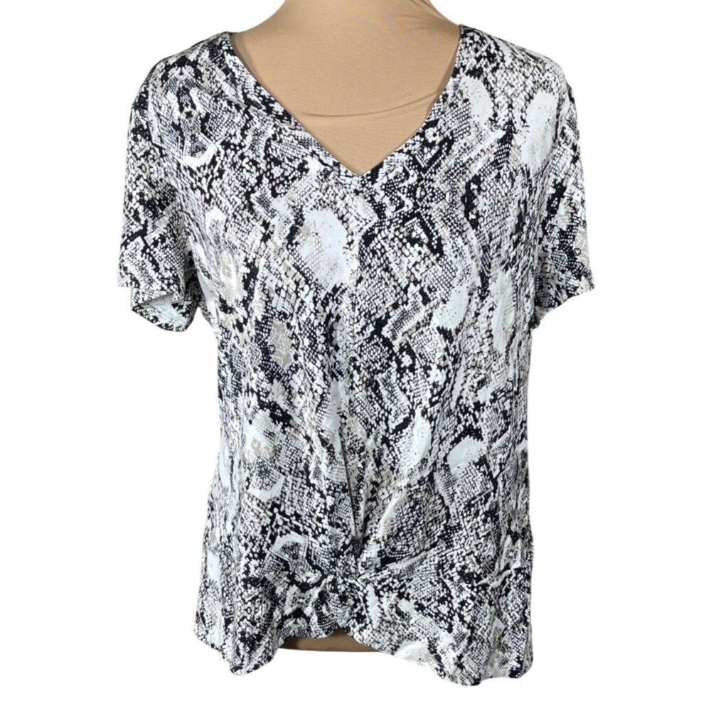 INC Snake Print Top Shirt V-Neck Size L Large Twist Black White